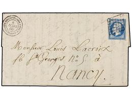 977 ITALIA. 1860. ROME To NANCY. Folded Letter (one Flap Missing) Franked By Imperforate <B>20 Cts.</B> Blue French Stam - Autres & Non Classés