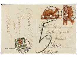 1001 ERITREA. Sa.205 (2). 1935. ASMARA A SUIZA. Tarjeta Postal Circulada Con Dos Sellos De <B>10 Cts.</B> Tasada A La Ll - Sonstige & Ohne Zuordnung