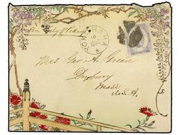 1027 JAPON. 1884. Delightful Hand-painted Illustrated Cover To USA Franked By Koban <B>5s.</B> Blue Tied By <B>'Y'</B> D - Other & Unclassified