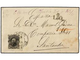 1064 MEXICO. Sc.107. 1877. VERACRUZ A ESPAÑA. <B>10 Ctvos.</B> Negro. Tasada A La Llegada Con <B>1,30 Pesetas</B>. MUY B - Autres & Non Classés