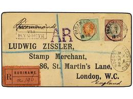 1111 SURINAM. 1896. Registered-AR Cover To LONDON Franked By <B>1888 1 G. </B> Grey & Pale Chocolate With <B>1875 2 1/2  - Sonstige & Ohne Zuordnung