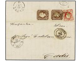 1135 PORTUGAL. Af.14 (2), 16. 1863. PORTO A CÁDIZ. <B>5 Reis</B> Castaño (2) Y <B>25 Reis</B> Rojo Haciendo La Tarifa De - Autres & Non Classés