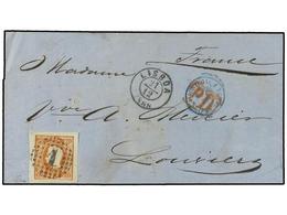 1136 PORTUGAL. 1868 (Dec 21). Cover To France Franked By Superb Margined 1866 <B>80r</B>. Orange, Slight Scissor Cut In  - Other & Unclassified