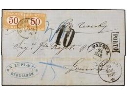1172 RUSIA. 1870. BERDIANSK To GENOVA. Via Odessa, Taxed On Arrival With Two Italian Stamps Of <B>50 Cts.</B> - Autres & Non Classés