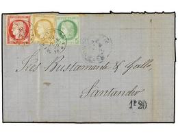 1233 VENEZUELA. 1876 (30 Junio). CARUPANO (Venezuela) A SANTANDER (España). Circulada Con Sellos De COLONIAS FRANCESAS D - Other & Unclassified