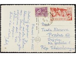 1236 VIETNAM DEL NORTE. Mi.9a, 7. 1955. HANOI To CZECHOSLOVAKIA. Postcard Franked With <B>100 + 100. </B> - Autres & Non Classés