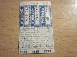 1939 WW2 MARSEILLE 3 TICKET  TITRE DE TRANSPORT --BUS TRAMWAY TROLLEY-BUS--Titres De Transport - Tickets Simples - Europe