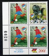 BOSNIAN SERB REPUBLIC 2001 Football Club Anniversary Block Of 3 + Label MNH / **.  Michel 229 - Bosnie-Herzegovine