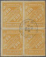 O/Brfst Brasilien: 1889/1893, Newspaper Stamp 200r. Yellow, Group Of 15 Stamps (incl. Three Blocks Of Four), - Other & Unclassified