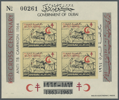 ** Dubai: 1963/1964, Unusual Accumulation With About 1.540 MINIATURE SHEETS Of The Red Cross Issue (but - Dubai