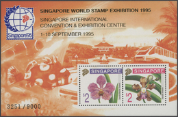 ** Singapur: 1995, Stamp Exhibition SINGAPORE '95 ("Orchids"), Special Souvenir Sheet With Orange Sheet - Singapur (...-1959)