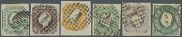 O Portugal: 1853/1879, Lot Of Six Used Classic Stamps Incl. 1853 50r. Green Wide Margins, 1879 10r. Bl - Storia Postale