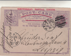 Victoria To Leipzig, Post Card Intero Postale 1892 Timbri Victoria + Melbourn .  Raro - Storia Postale