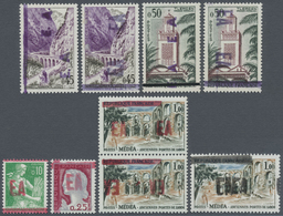 ** Algerien: 1962, Nine French Definitives With Different Varieties Of Prov. Handstamps Incl. INVERTED - Algeria (1962-...)