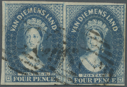 O Tasmanien: 1855, QV 4d. Deep Blue On Thin White Paper With Wmk. Large Star Horizontal Pair With Good - Storia Postale