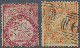 O Tasmanien - Stempelmarken: 1863-80 Fiscals 2s6d. Carmine With Removed Pen-cancellation And 10s. Oran - Lettres & Documents