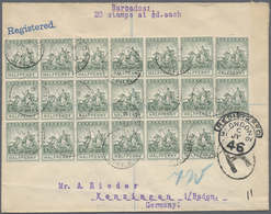 Br Barbados: 1901, Registered Letter With Great Franking By Block Of Twenty 1/2 D Definitives Via Londo - Barbados (1966-...)