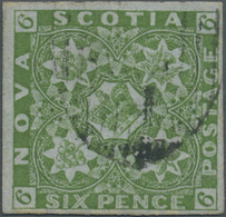 O Neuschottland: 1851 6d. Yellow-green On Bluish Paper, Used With Part Stike Of Oval Of Bars, Complete - Briefe U. Dokumente