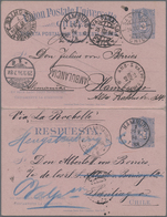 GA Chile - Ganzsachen: 1887 Postal Stationery Card 3 Centavos Blue On Rose With Attached "REPUESTA PAGA - Chili