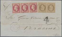 Br Cuba: 1870, FRENCH P.O., 30c. Brown Horiz. Pair And 80c. Carmine Strip Of Three, 3fr. Rate On Letter - Altri & Non Classificati