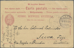 GA Fiji-Inseln: 1896. 10 Rp Ganzsachenpostkarte (Frageteil) Aufgegeben In BERN 6.IV.(18)96 Nach SUVA 1 - Fidschi-Inseln (...-1970)