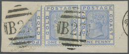 Brfst Goldküste: 1882 (ca.), QV 1d. Blue With Wmk. Crown CC Horiz. Horiz. Pair And A DIAGONALLY BISECTED S - Goldküste (...-1957)