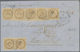 Br Guadeloupe: 1865, French Colonies Eagle-Issue 10 C Yellow-brown In A Stripe Of Five (mostly Superb M - Briefe U. Dokumente