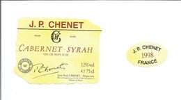 Etiquette De VIN De PAYS D'OC " J.P. CHENET Cabernet Syrah 1998 " - Vin De Pays D'Oc