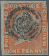 O Mauritius: 1853, 1d. Vermilion, Early Impression, Fresh Colour, Close To Large Margins, Repaired, Fi - Maurice (...-1967)
