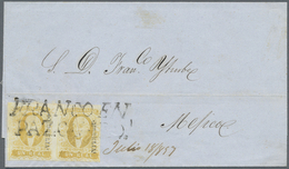 Br Mexiko: 1857, 1 R. Yellow Horizontal Pair With Overprint "MORELIA", Left Stamp Vertical Flaw On Top, - Mexique