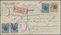 Br El Salvador: 1900, Three Items 10 C Blue And One 26 C Yellow-brown Cancelled With Violet Handstamp S - El Salvador