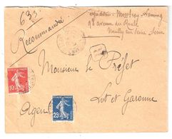 Lettre Recommandée VILLENEUVE Sur Lot Lot Et Garonne TARIF 35 C Semeuse Expéditeur Neuilly S Seine > Préfet Agen 1908 - Postal Rates