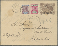 GA Seychellen: 1896 Postal Stationery Envelope 18c. On 30c. Dark Brown Used Registered To Zanzibar In 1 - Seychellen (...-1976)