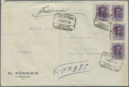 Br Spanisch-Marokko: 1924, Registered Letter 4 Pieces Ot 20 C. With Red Overprint, One Stamp Corner Fau - Spanisch-Marokko