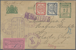 GA Surinam: 1912, 2 1/2 C Green Postal Stationery Card, Uprated With 5 C Red And 7 1/2 C Grey, Sent Reg - Suriname ... - 1975