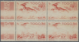 **/ Togo: I1947, Gazelle 10 Fr. Red In A Block Of Four With Defect Printing: Image Middles Are Partly Mi - Togo (1960-...)