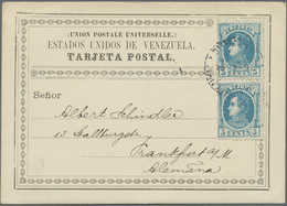 GA Venezuela: 1880, 2 X 5 C Blue Bolivar, Multiple Franking On Official Postcard Form, Sent From PUERTO - Venezuela