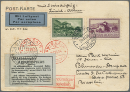 Br Flugpost Europa: 1934, LIECHTENSTEIN, Swissair Balkanflug Zürich-Athen Auf Karte (leicht Fleckig), L - Altri - Europa