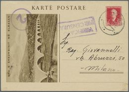 GA Albanien - Ganzsachen: 1942, 15 Q Red Postal Stationery Picture Postcard (Ura E Shkumbinit) From Kon - Albanien