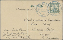 GA Belgien - Besonderheiten: 1916, German East Africa Card 4 H. Used As Form Canc. Blue Belgian FPO Mar - Autres & Non Classés