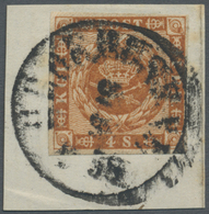 Brfst Dänemark: 1858, 4 S. Orange Brown On Piece With Town Cancel "HEDEHUSEN", Scarce - Storia Postale