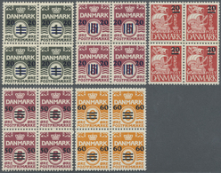 ** Dänemark - Färöer: 1940/1941, Revaluation Overprints, Complete Set Of Five Values As Blocks Of Four - Färöer Inseln