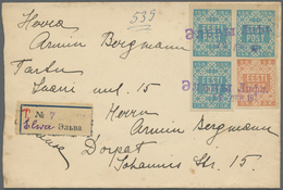 Br Estland: 1918, 5 K Reddish-orange And 15 K Blue Block Of Three Cancelled With Provisionally Violet T - Estland