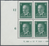 **/ Estland: 1940, Staatspräsident Päts 6 S. Blaugrün Im Postfrischen Viererblock Aus Der Linken Unteren - Estland