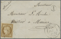 Brfst Frankreich: 1850, 10 C. Yellow-brown, Good To Wide Margins All Around, Used On Lettrefront With "MAR - Oblitérés