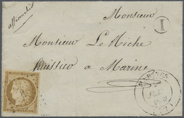 Brfst Frankreich: 1850, 10 C. Yellow-brown, Good To Wide Margins All Around, Used On Lettrefront With "MAR - Gebraucht