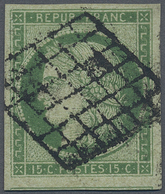 O Frankreich: 1850, 15 C. Green Ceres Imperf With Well Margins, Used With Grid Cancellation, Signed. M - Gebruikt