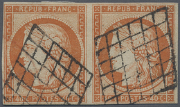 O Frankreich: 1850, Ceres 40 C. Orange, Horizontal Pair With Rhombic Grid Cancellation Small Margins, - Oblitérés