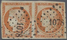 O Frankreich: 1850, Ceres 40 C. Orange, Horizontal Pair Tied By PC „1078”, Good Margins, Signed. Miche - Usati