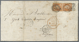 Br Frankreich: 1850, 40c. Orange Vertical Pair On Mourning Lettersheet From Paris To London, Oblit. By - Gebruikt